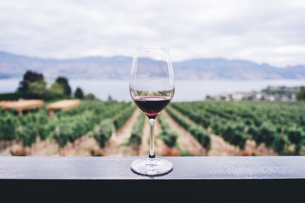 Un verre de vin sur un balcon donnant sur un vignoble.